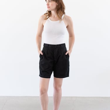 The Monaco Shorts | Vintage 26 27 28 29 30 31 32 33 34 Waist Black Cotton Pleated Shorts | Unisex Button Fly High Rise Workwear Pleats Chino 