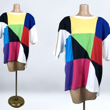 VINTAGE 80s 90s Geometric Color Block Tunic T-Shirt by Extra Touch | 1980s 1990s Aesthetic Boxy Shirt Dress | vfg 