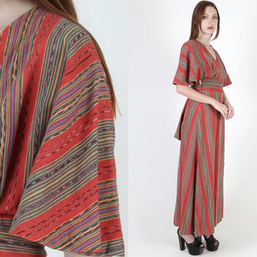 Vintage Guatemalan Wrap Dress Ethnic Aztec Striped Red Cotton Bell Sleeve Maxi 
