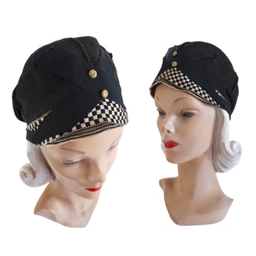 1910s / 1920s Black Straw Cloche with Checker Trim - 1920s Flapper Cloche - 1910s Cloche Hat - 1910s Womens Hat - 1920s Womens Hat 