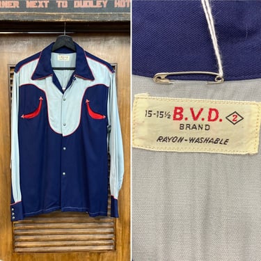 Vintage 1950’s “BVD” Two-Tone Western Cowboy Gabardine Rockabilly Shirt, 50’s Snap Button Shirt, Vintage Clothing 