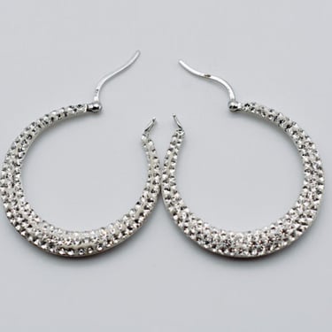 Big 90's sterling pave crystal hoops, N Thailand 925 silver clear rhinestone bling earrings 