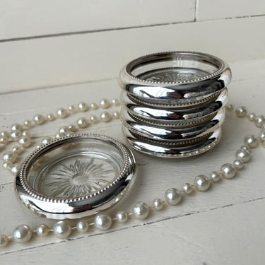 Vintage Mid Century Silver & Glass Coasters, Set of 5, Unique Glass Coasters, Eclectic, Boho Coasters, Perfect Gift 