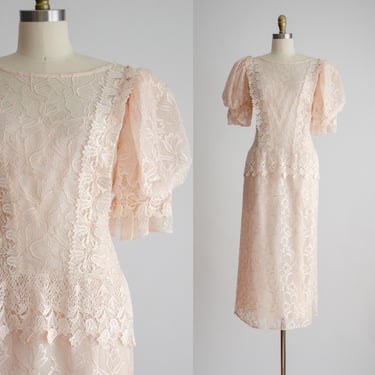 pastel lace dress 80s vintage Cachet Bari Protas peach puff sleeve floral dress 