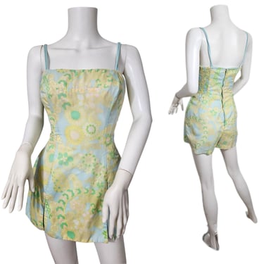 1960s Blue Green Pastel Poly Blend One Piece Playsuit I Romper I Bathingsuit I Sz Med 