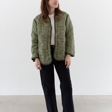 Vintage Green Liner Jacket | Unisex Wavy Quilted Nylon Coat | S | LI205 