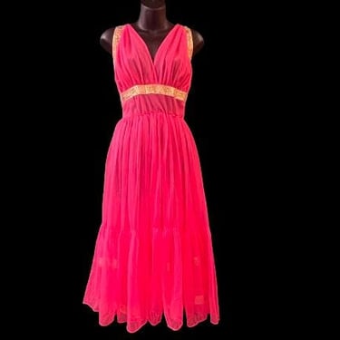 1950s coral nightgown eye-fur golden goddess vintage negligee 34 