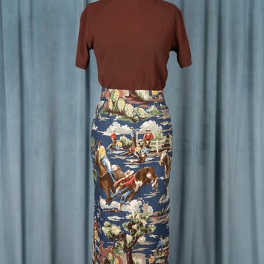 Vintage 80s/90s Western Print Barkcloth Pencil Skirt with Cowboys, Horses and Cacti 