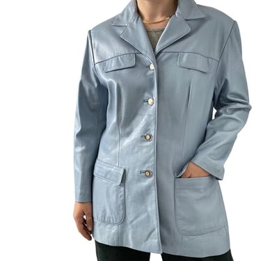 St. John Sport Blue Periwinkle Metallic Lambskin Leather Blazer Jacket Sz L 