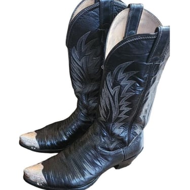 Vintage Ladies Cowboy Boots Tacco Black Tooled Leather Silver Etched Toes Snakeskin 