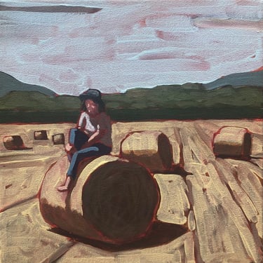 Woman in Field #15 - Original Acrylic Painting on Canvas 10 x 10, gallery wall, fine art, sky, michael van, small, hay, bale, stack, western 