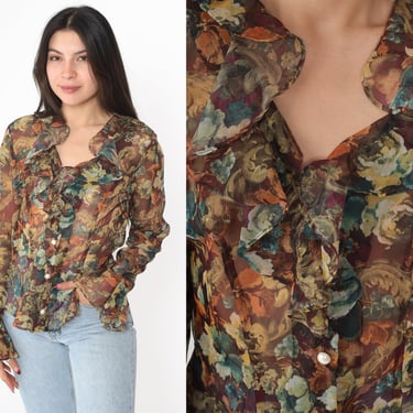1990s Sheer Ruffle Blouse Floral Print Long Sleeve Button-Up Top Romantic Boho Grunge Vintage 90s Flowy Feminine Shirt Medium M 