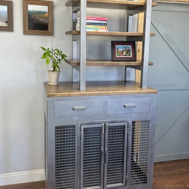 Metal Dog Crate with Drawers - Sliding barn doors / steel with storage / Dog House / rustic furniture / farmhouse pet / dog kennel / Rustic 