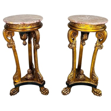 Pair of Empire-Style Marble Top Gold Gilt & Painted Pedestals 