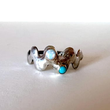 Sterling Silver Wiggle Ring with Opal and Turquoise 