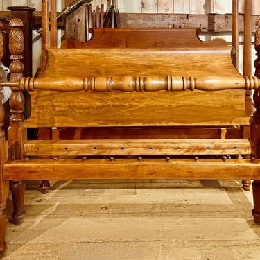 Carved Pineapple & Bell Bed in Maple, Original Posts ~ Circa 1830, Resized to Queen with Chamfered Roll Back Headboard & Turned Blanket Rail