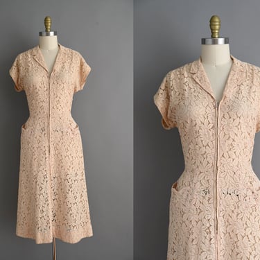vintage 1950s Dress | L'AIGLON Beige Cotton Lace Rhinestone Dress | Medium 