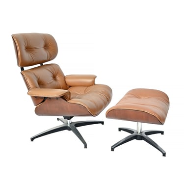 Leather Walnut Eames Style Lounge Chair & Ottoman Mid Century Modern 