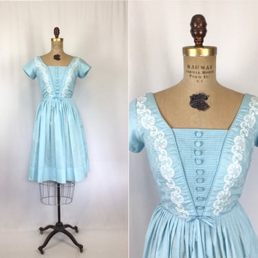 Vintage NOS 50s dress | Vintage sky blue embroidered day dress | 1950s deadstock fit and flare cotton dress 