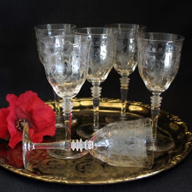 6 Vintage Wheel Cut Etched Elegant Crystal Stemware Wine Cocktail Glasses 