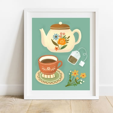 Blue and Cream Tea Set 8 X 10 Art Print/ Teapot With Teacup and Flowers Wall Decor/ Cottage Core Kitchen Illustration 