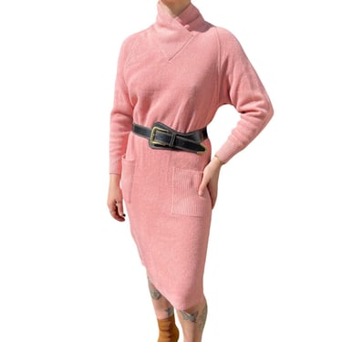 Vintage 80s Womens Outlander Angora Lambswool Pink Cowl Neck Sweater Dress Sz S 