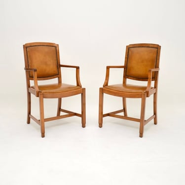 Pair of Art Deco Walnut and Leather Carver Armchairs