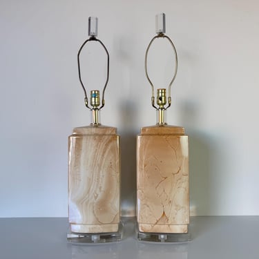 1980's Vintage Bauer  Faux Marble Finish Ceramic Table Lamps - a Pair 