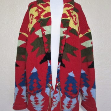 Vintage 1980s Marsh Landing Hand Knits Cardigan, Large Women, multicolor Southwest pattern, Hand Knitted 