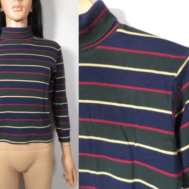 Vintage 90s Striped Cotton Turtleneck Made In USA Size Youth 10 Or Womens XS 