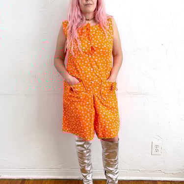 Vintage 70s Orange and White Polka Dot Print Romper 