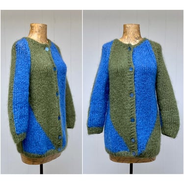 Vintage 1960s Hand-Knit Mohair/Wool Cardigan, Mid-Century Two-Tone Green/Blue Sweater Made in Italy, Medium 