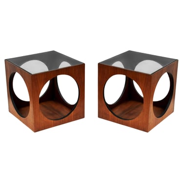 Pair MCM Baughman Geometric Cube Walnut & Glass End Table or Side Drinks Tables
