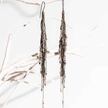 Oxidized Sterling Silver Plated Brass Beaded Fringe Earrings