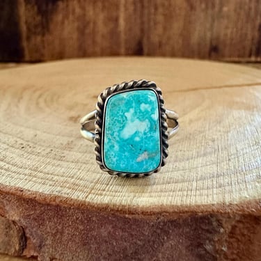 SMALL SQUARE TURQUOISE Sterling Silver Ring | S Skeets Hallmark | Native American Navajo Southwestern Jewelry | Southwestern | Size 8 1/2 