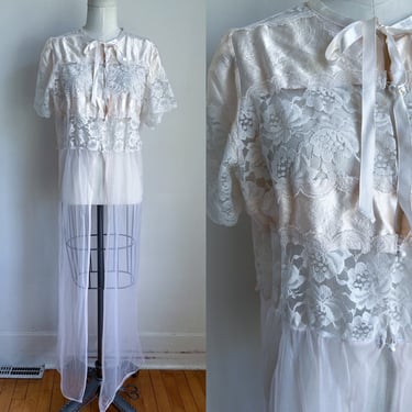 Vintage 1960s Lingerie / Sheer Lace Maxi Bedjacket / Duster // XS 