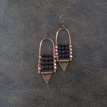 Lava rock chandelier earrings copper and purple 