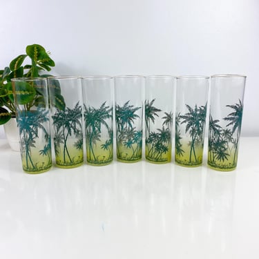 MCM Collins Cocktail Glasses Palm Trees Frosted, Set of Seven MCM Tall Tiki Barware Glasses, Tropical Hawaii Glassware Vintage Tiki Barware 