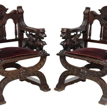 Hover to zoom Have one to sell? Sell now Antique Armchairs, Curved, Two, Renaissance Revival, Velvet, Medallion, E. 1900