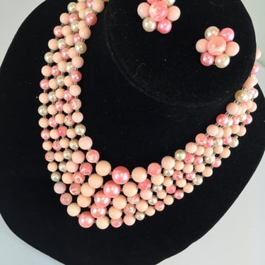 Frosted Moments - Vintage 1950s Shades of Pink Pearl 5 Strand Necklace & Earring Set 