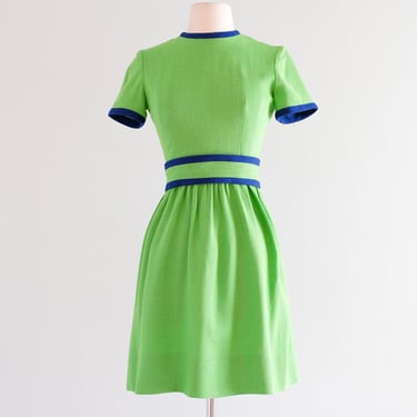 Vintage 1960's Kelly Green & Navy Mod Linen Dress by Lanz / XS