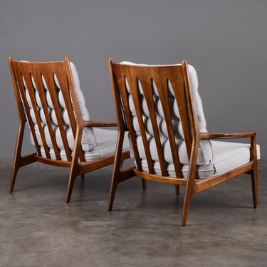 PAIR of Milo Baughman 'Archie' Lounge Chairs Walnut Light Gray Mid-Century Modern 