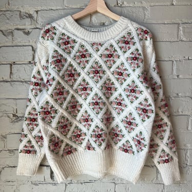 Med, Vintage Embroidered Floral Sweater, Cream and Pink, Limited 