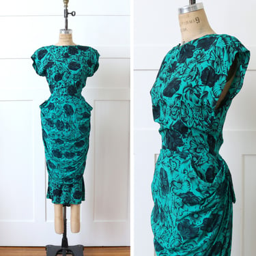 vintage 1990s does 1940s teal rayon dress • black floral dress with draped skirt & hip flares 