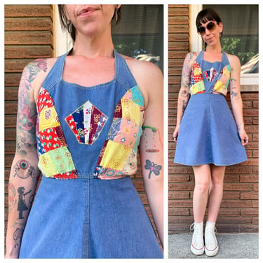 70s Indian cotton patchwork and denim dress 