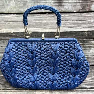 1960's navy raffia purse mod blue woven speedy handbag 