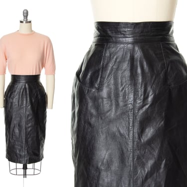 Vintage 1980s Pencil Skirt | 80s Genuine Black Leather Hight Waisted Secretary Pin Up Wiggle Skirt with Pockets (small) 