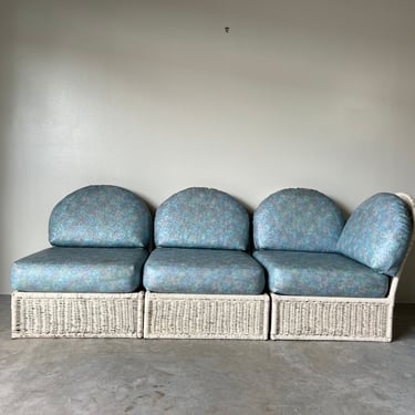 Vintage Coastal Palm Beach Woven Wicker Three -Piece Modular Sofa 