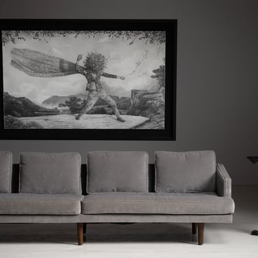 Ethan Murrow Graphite Drawing / Velvet Sofa