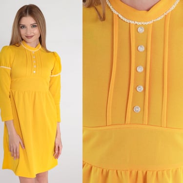 Yellow Babydoll Dress 70s Mod Mini Dress Puff Sleeve Button Up Empire Waist Twiggy Dolly Bright Long Sleeve Party Vintage 1970s 2xs xxs 